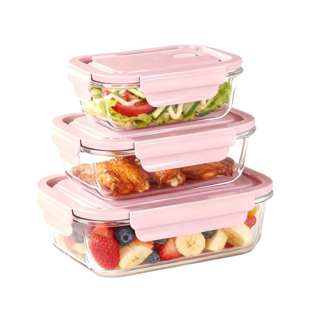 Witeygai 3 Piece Airtight Glass Food Storage Containers with Pink Lids, Large Capacity Food Container, Reusable Meal Prep Containers for Oven, Microwave, Freezer and Dishwasher