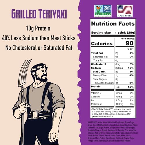 Image of Grilled Teriyaki Vegan Jerky Sticks High Protein Plant Based Snack 7 Sticks | AGRO POWER Jerky Sticks, High Protein, Non-GMO, Low Sodium, No Cholesterol, Meatless Healthy Snack for Lunch, On-the Go Fuel