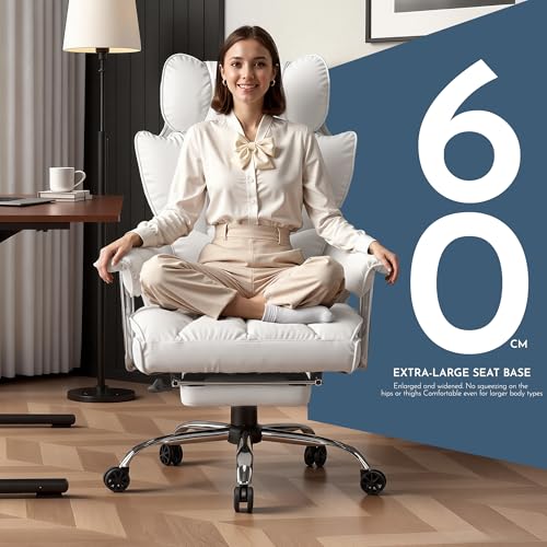 Image of Efomao Big and Tall Office Desk Chair, White | 23.5 inch Wide Dual-Layer Foam Cushion, 135 Reclining PU Leather Desk Seat with Footrest, Independent Movable Lumbar Pillow