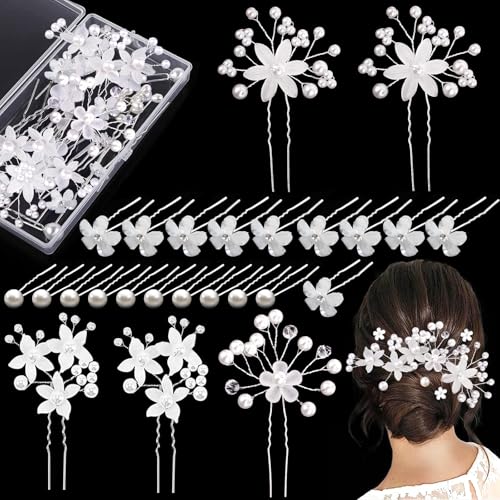 25 Pezzi Accessori Capelli Sposa, Fermaglio Capelli Sposa con Fiore Perle Strass, Forcine Capelli Sposa Punto Luce Forma di U, Acconciature Sposa Decorazioni Capelli da Cerimonia per Donna Bambina
