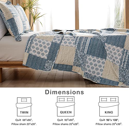 Plaid Quilt Set Queen/Full Size, 3-Piece Blue Yellow Floral Patchwork Bedspread Coverlet Set Reversible Country Plaid Grey Leaves Quilt Lightweight Bedding Set With 2 Pillow Shams #TOP5