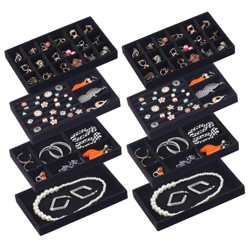 Afnkiom Jewelry Trays,Velvet Stackable Organizer Trays,Drawer Inserts Jewelry Display Case For Rings Stud Necklaces Earring Organizer Tray for Women Girls-8 Pack (Black)