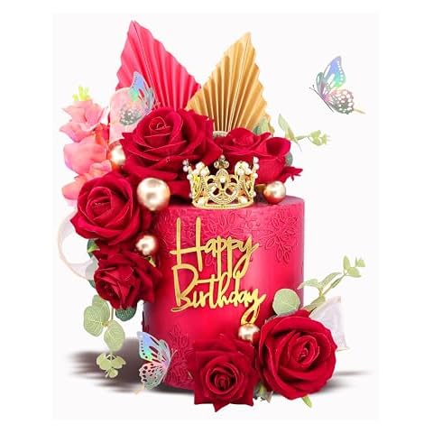 Set of 24 Red Rose Flower Cake Topper Decorations Eucalyptus Butterfly Ball Mini Crown, Wedding Birthday Fall Cake Decorations Cake Art DIY Lady Womens Birthday Party Supplies Cover