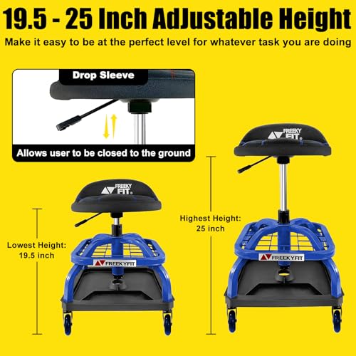 Image of Rolling Stool with Blue Wheels,Heavy Duty Garage Work Mechanic Rolling Shop Stool with Backrest, Adjustable Height 360Swivel Roller Mechanic Chair with 2 Tool Trays, 330 LBS Capacity