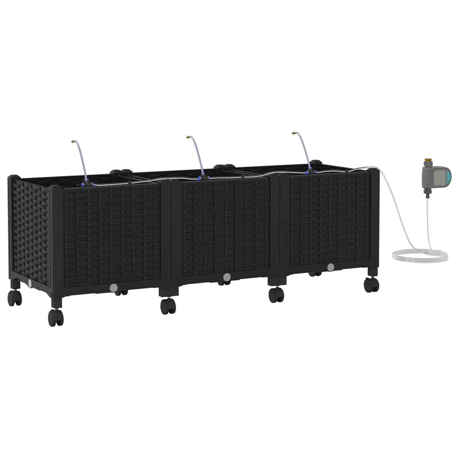 Set di 3 fioriere da giardino con ruote e irrigazione, in polipropilene, colore nero | Set di fioriere per terrazza e balcone con sistema di irrigazione automatico e ruote bloccabili a 360°.