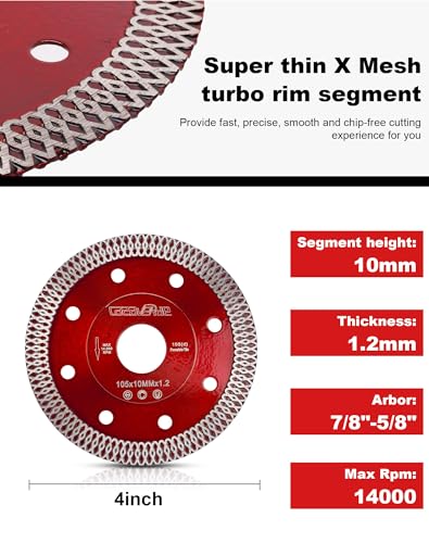 Image of Casaverde TOOLS 4 inch Diamond Porcelain Saw Blade (4 inch) | Fast,Clean Cuts with Great Life & Speed,Thin Turbo Mesh Rim, Suitable for Granite Marble Ceramic Tiles,7 /8 inch-5 /8 inch Arbor