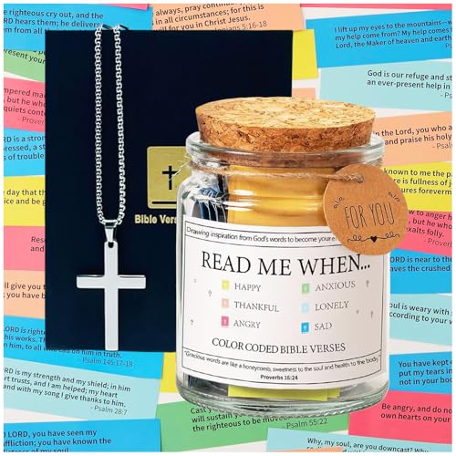 PXIRQ Bible Verse in a Jar - Inspirational Scripture Cards & Cross Necklace - Christian Gifts for Women, Mom, Dad, Teens, Birthdays, Graduation - Ideal for Daily Encouragement, Prayer, Bible Study