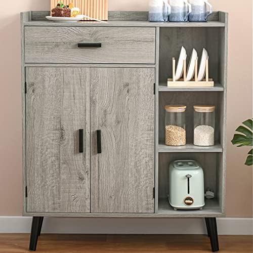 usikey Storage Cabinet, Floor Storage Cabinet with 1 Drawer, 2 Doors & 3 Shelves, Mid Century Cabinet, Accent Cabinet for Living Room, Bedroom, Entryway, Office, Grey
