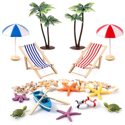 Strand Mikrolandschaft 18 Stück Miniatur Mini liegestuhl Sonnenschirm Palme Schildkröte und Meer Muscheln Deko für DIY Garten Urlaub Geschenk