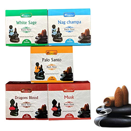 AROMATIKA Natural Masala Backflow Incense Cones Combo 'A' of 5 Packets Consists Total 50 Cones of Assorted 5 fragrances Nag Champa, Dragon Blood, White Sage, Palo Santo, Musk