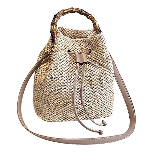 Louyihon-Damen Strand Kordelzug Stroh Tasche Sackleinen Platz Tasche Strand UmhäNgetasche Frauen Einfarbig Casual Handtasche UmhäNgetasche (Khaki)