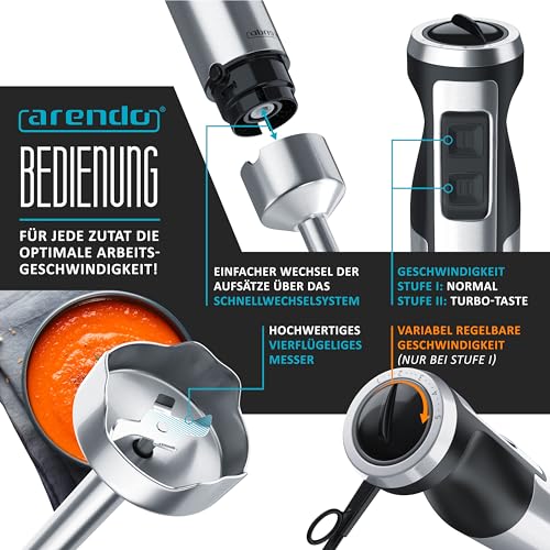 Arendo - Staafmixer 1000 Watt RVS Set - mes met vier vleugels - Staafmixer - Traploze snelheidsregeling - Turboknop - Afneembare mixvoet - Afbeelding 5