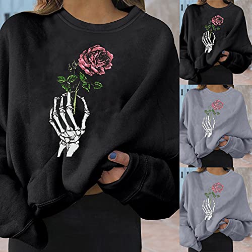 Crewneck Sweatshirts for Teen Girls Skeleton Hand Rose Sweatshirt Long Sleeve O Neck Pullover Tops4