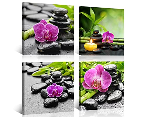 Nan Wind Modern 4 Piece Massage Stones Zen Pink Orchid Flower Plants Candles Canvas Wall Art Spa Still Life Modern Home Decor Ready To Hang Painting For Living Room Decoration Stretched And Framed #TOP1