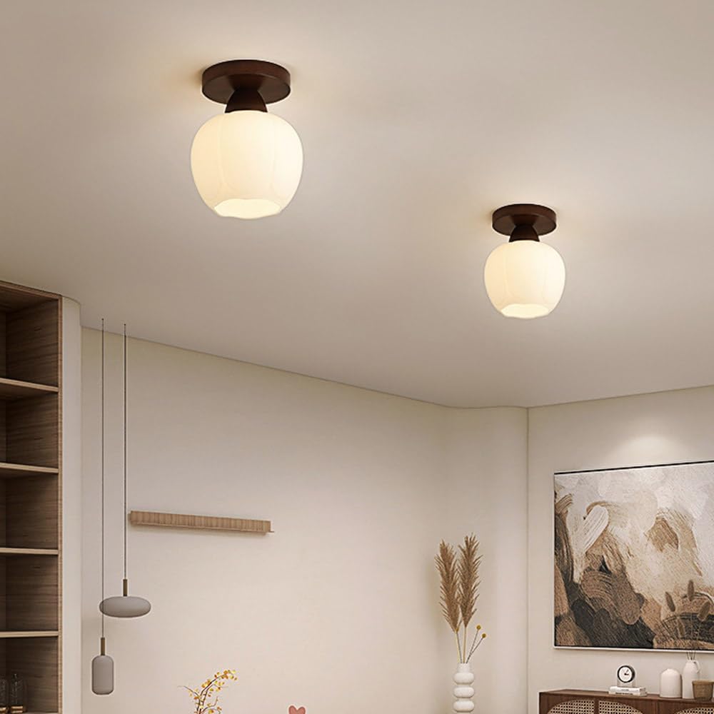 Półwpuszczana drewniana lampa sufitowa ze szklanym kloszem - Minimalistyczna lampa wewnętrzna do przedpokoju, kuchni, sypialni i biura (kolor orzech)