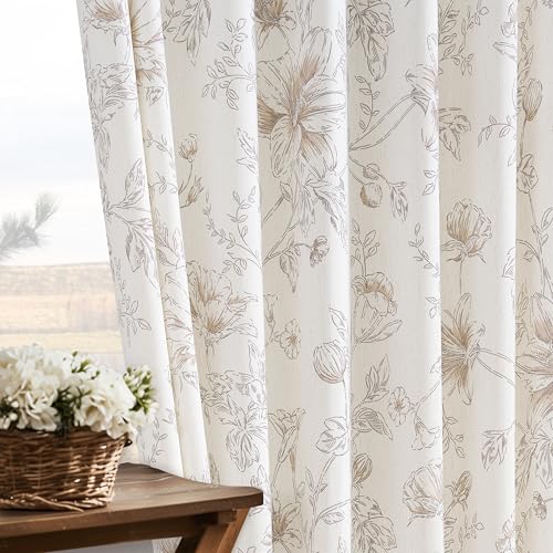 Brown Floral Linen Curtains Pinch Pleated for Living Room 84