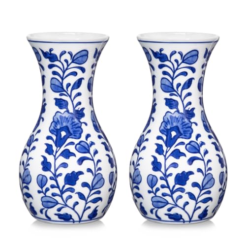 Hollyone 2PCS 15CM Blue and White Porcelain Vase, Small Flower Vase Ceramic Vase for Flowers, Aesthetic Flower Vase for Living Room, Bathroom, Kitchen, Table Decoration