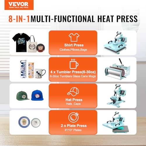Image of VEVOR 15x15 Heat Press Machine 8 in 1 Combo with 30 OZ Tumbler Press & Hat Press, Slide Out Heat Press Sublimation Machine for T-Shirts, Hats Caps Tumblers Glass Cans Mugs, and Plates (Light Green)