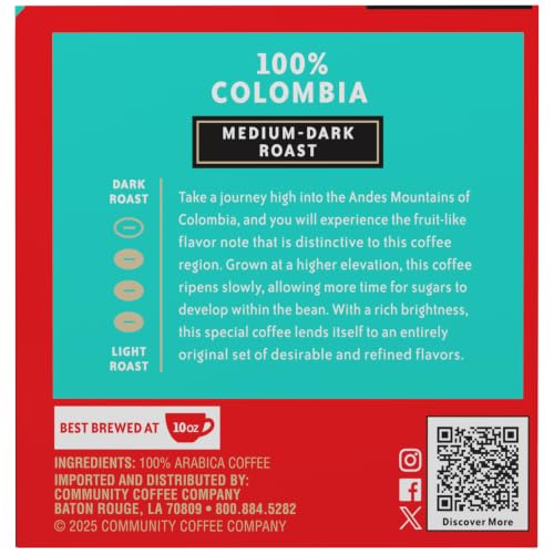 Image of Community Coffee 100% Colombia 10 Count Coffee Pods, Medium-Dark Roast, Compatible with Keurig 2.0 K-Cup Brewers, 10 Count (Pack of 1)