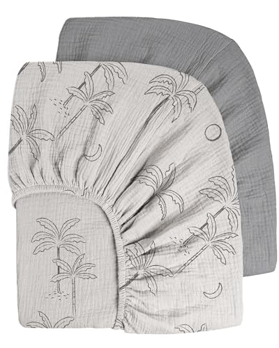 Image of Bearmoss Muslin Crib Sheets 100% Cotton Baby Crib Sheets Fitted for Standard Crib Mattress & Toddler Bed Mattress 52"x28" Soft Breathable Crib Sheets Neutral for Boys Girls - 2 Pack (Coconut Trees)
