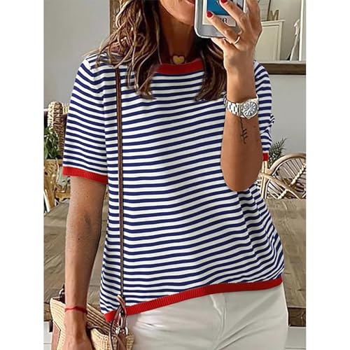 Womens Short Sleeve Striped Sweater Crew Neck Knitted Color Block High Low Pullover Sweater Tops2
