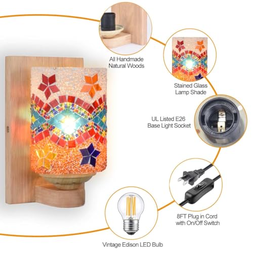 Image of Bedside Colored Mosaic Glass Wall Sconce, Handmade Mediterranean Bohemian Turkish Moroccan Wall Lamp Stained Glass Wall Light Fixtures for Bedroom Living Room Hallway Vanity Corridor Bulb Included