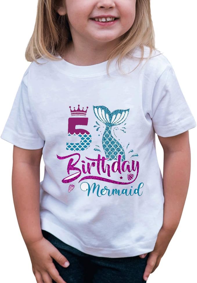 5th Birthday Shirt for Girls, Dress T Shirt for 5 Year Old Gift Outfit Decoration Mermaid Birthday Clothes for Girls White2