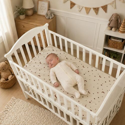 Image of TADO MUSLIN Baby Crib Sheets 2 PCS, 100% Organic Cotton Crib Sheet for Standard Crib Mattress(52 inchx 28 inch), Fitted and Soft Breathable Muslin Crib Mattress Sheet for Girl and Boy (Star, Brown)