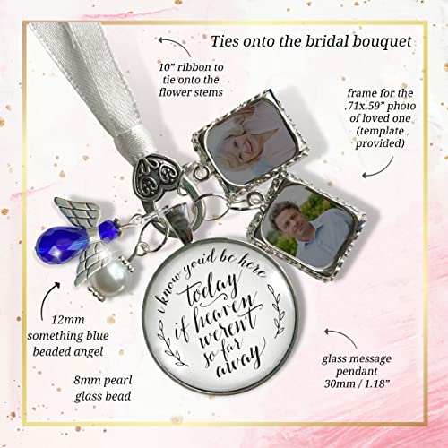 Image of Bouquet Photo Charm Wedding Memory Something Blue Angel - I Know You'd Be Here If Heaven Honor Love One, Silver Finish Handmade Bridal Jewelry White Glass Pendant 2 Frames Gift Message & Box for Bride