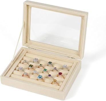 7 Slots Jewelry Box Ring Organizer Box, Beige Velvet Ring Holder, Small Jewelry Display Case with Clear Lid for Women & Girls