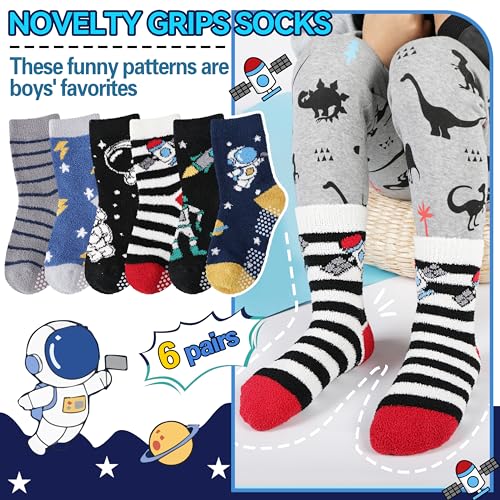 MOGGEI Kids Boys Toddlers Fuzzy Slipper Grips Socks Non Slip Warm Winter Fluffy Cozy Thick Fun Crew Gripper Socks 6 Pairs - Image 5