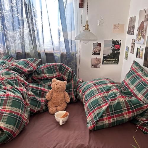 Image of mixinni Vintage Green Buffalo Plaid Washed Cotton Duvet Cover Full - Soft Breathable Textured Bedding Set with Zipper Closure for All Seasons-1 Duvet Cover + 2 Pillow Shams-Full Size