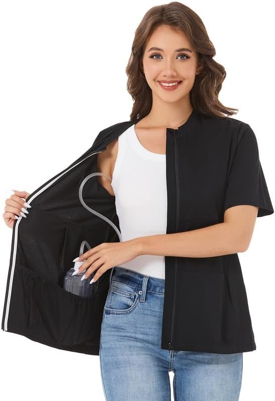 Post Surgery Mastectomy Shirt with Drain Pockets – Women’s Short Sleeve Zip Front Recovery Top with Elastic Pouches