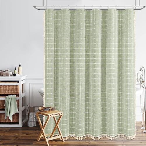Image of BTTN 80 Inch Long Shower Curtain - 72x80 Boho Farmhouse Linen Vintage Fabric Shower Curtain Set with 12 Plastic Hook, Aesthetic Rustic Country Weighted Cloth Shower Curtains for Bathroom - Sage Green