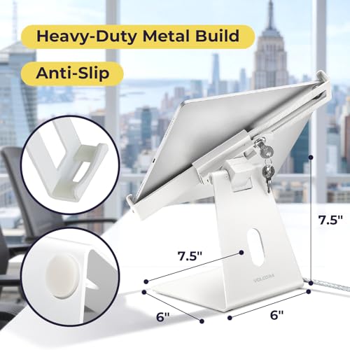 Image of Volcora Anti-Theft Tablet Stand iPad Kiosk Stand with Lock, White 10-13'' iPad Stand for Desk, Swivel, Adjustable iPad Holder for Desk, iPad Mount for Desk for POS Register, Retail Business, Cashier