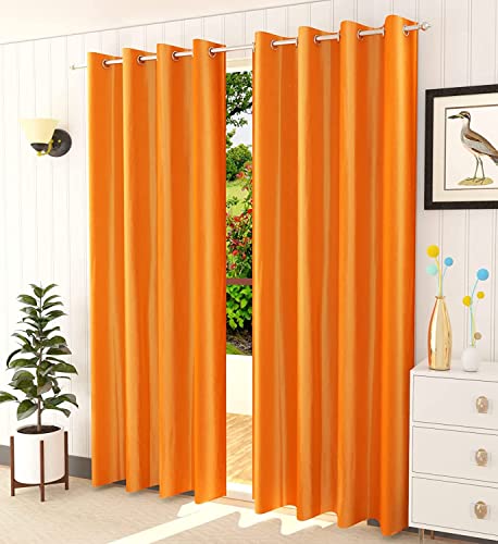 Image of Curtains 9 Feet Long for Living Room - Long Door Curtains Set 1 Pcs Panel, Solid Parda for Home Decor & Office Orange Colour 9 feet (48 x 108 Inch) - 2 Pcs