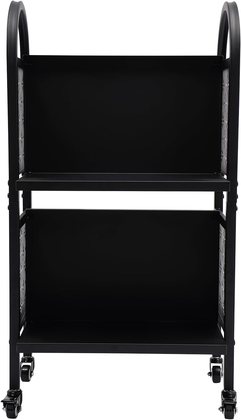 2 Tiers Rolling Library Book Cart with 4 Compartments, Moveable Book Organization Rack 50 lbs Library Cart with Lockable Wheels, Single Sided Flat Shelves for Home Shelves Office and School