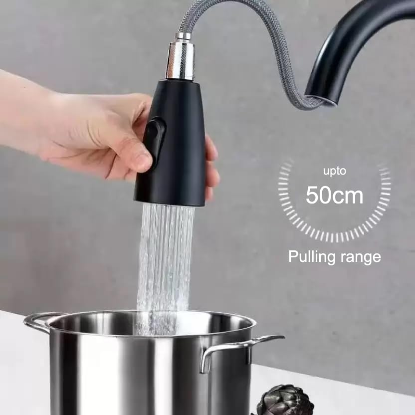 Image of Flora SS-304 Pull Down Sprayer Kitchen Hot and Cold Sink Mixer Tap with 360 Swivel Spout and Pull Out Multifunction Spray Head Faucet - Regular (FU | Black)