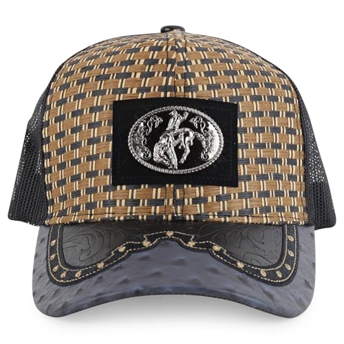 Image of Straw Design Metallic Rodeo Cowboy Horse Metal Logo Trucker Mesh Baseball Cap