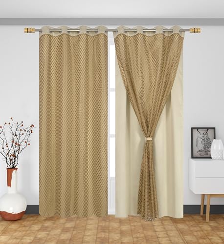 Image of IVAZA Faux Silk Hybrid Designer 100% Blackout Curtain 2-in-1 |Dual-Layer Design with Decorative Mesh Overlay & Tie Ribbon|100% Light Blocking,Thermal Insulated, Window- 5 Feet (Pack of 1) Beige