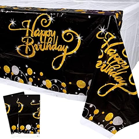 2 STK 130x220cm Geburtstag Tischdecken Schwarz Gold Happy Birthday Tischdecke Abwischbar Kunststoff Tichtuch Wasserabweisend Partytischdecken für Geburtstag Feste Haushalt usw. (Dicke: 0.03mm) Cover