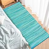 Cotton Hand Woven Chindi Runner Rug 2x6 Feet - Teal, Durable Rectangular Large Door Way Rag Rugs Ideal for Hallways, Kitchen, Bedroom, Nursery Room | Green Soft Reversible Floor Mat for Kids Space