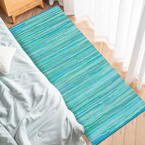 Cotton Hand Woven Chindi Runner Rug 2x6 Feet - Teal, Durable Rectangular Large Door Way Rag Rugs Ideal for Hallways, Kitchen, Bedroom, Nursery Room | Green Soft Reversible Floor Mat for Kids Space