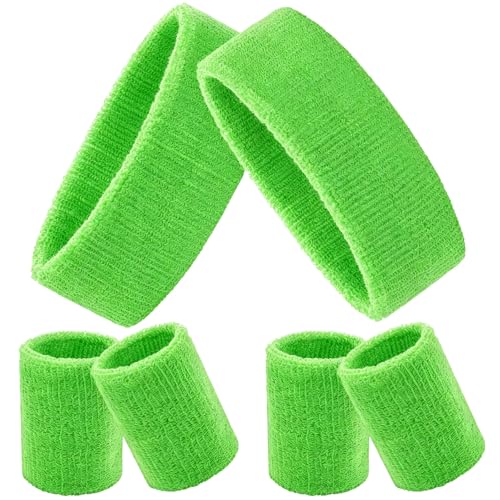 Avxdbr 6Pcs Sweatbands Set 80s 90s Neon Sports Headbands Wristband Set for Men Women Tennis Sweat Bands Wristbands for Sports Gym Cosplay Party (Green One Size)