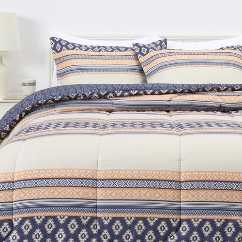 Image of Amazon Basics Lightweight Microfiber Comforter Set, 3-Pieces, Gray Geometrics, Full /Queen