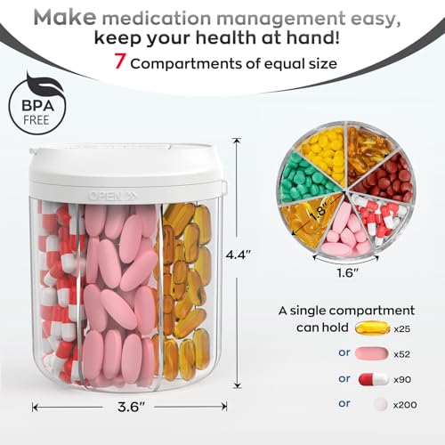 Image of HIONXMGA Pill Dispenser with 7 Large Compartments, Pill Organizer for Travel, Supplement Organizer with Anti-Mixing Design, BPA-Free Pill Container with 20 Pcs Labels, Beige