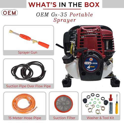 Image of OEM Portable Power Pressure Sprayer Pump with 4 Stroke Advanced Technology Petrol Engine, Spray Gun, 15 Meter Hose Pipe for Pesticides, Agriculture Use, Gardening - GX-35