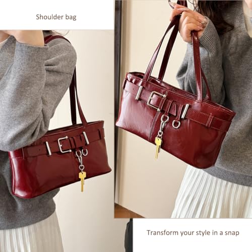 Vintage Y2K Shoulder Bag for Women,Small Belt Buckle Satchel Purse Leather Handbag Clutch Purse, Underarm Tote Handbag for Daily Use - Wine Red2