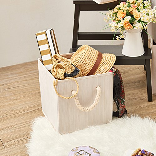Ezoware Set Of 4 Bamboo Fabric Storage Bins With Cotton Rope Handle, 10.5 X 10.5 X 11 Inch Foldable Organizer Basket Cube For Nursery Toys– Beige #TOP2