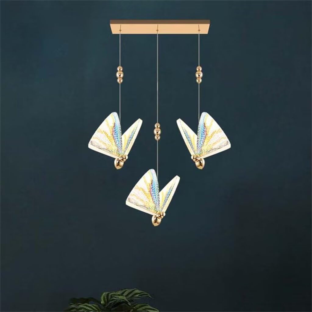 Butterfly Chandelier Dining Room Light Fixture 3 Lights Long Ceiling Kitchen Island Pendant Light 4500K 15W Modern LED Colorful Acrylic Butterfly Lamp, for Bedroom, Living Room, Staircase